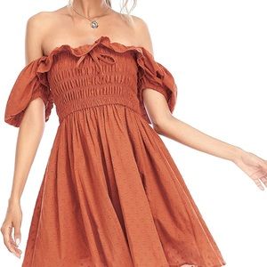 Women's Summer Linen Short Sleeve Ruffled Floral Print Swing Dress